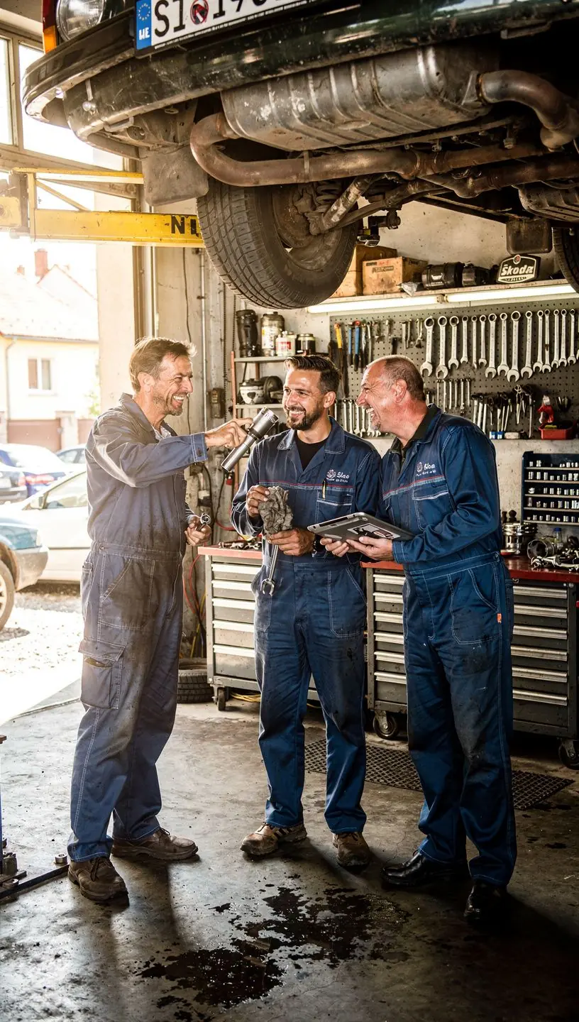 Mechanik opravuje motor staršieho vozidla v špecializovanej dielni s dostupnými náhradnými dielmi bez nutnosti značkového servisu